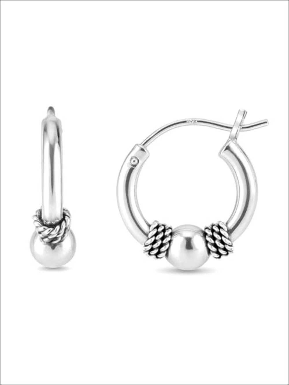 925 Sterling Silver Beaded Hoop Earrings Click Top Bali Style